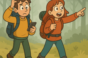 un randonneur et une randonneuse se promene dans le brouillard