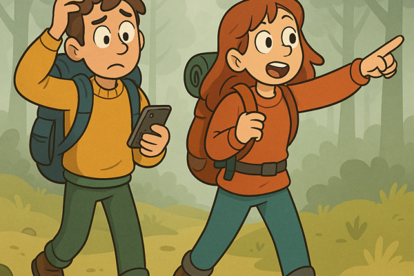 un randonneur et une randonneuse se promene dans le brouillard